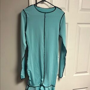 A. Aqua Long Sleeve Dress with Black Trim